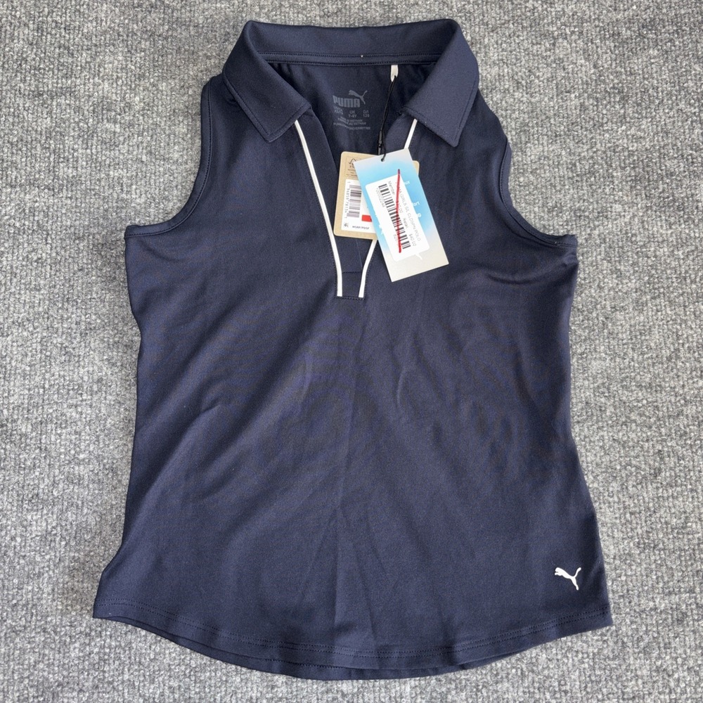 Puma Girls Cloudspun Sleeveless Polo Shirt Navy Blue Youth XS 625784 02